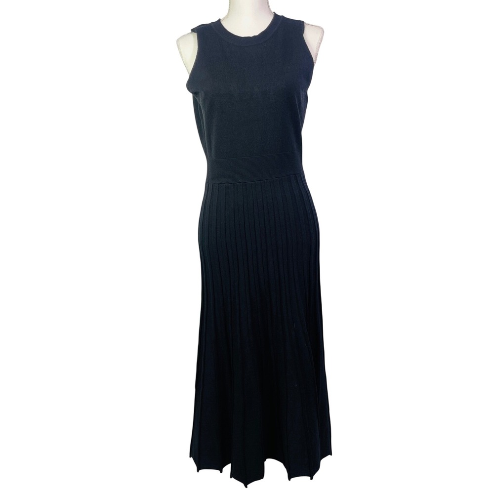 Black Sleeveless Maxi Dress Women's M Knit Pleated Crew Neck Solid Minimalist - Picture 3 of 15